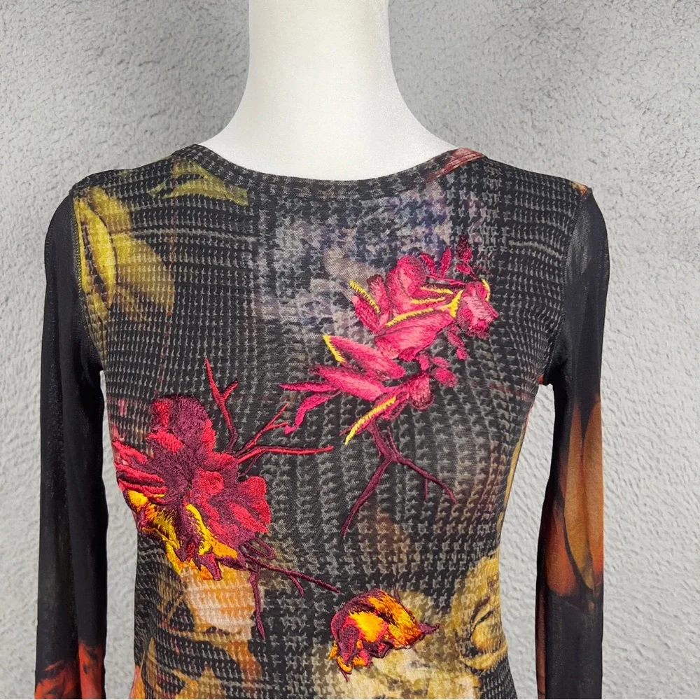 Fuzzi Top Womens Small Multicolor Sheer Long Sleeve Embroidered Floral Italy Y2K - Picture 2 of 8